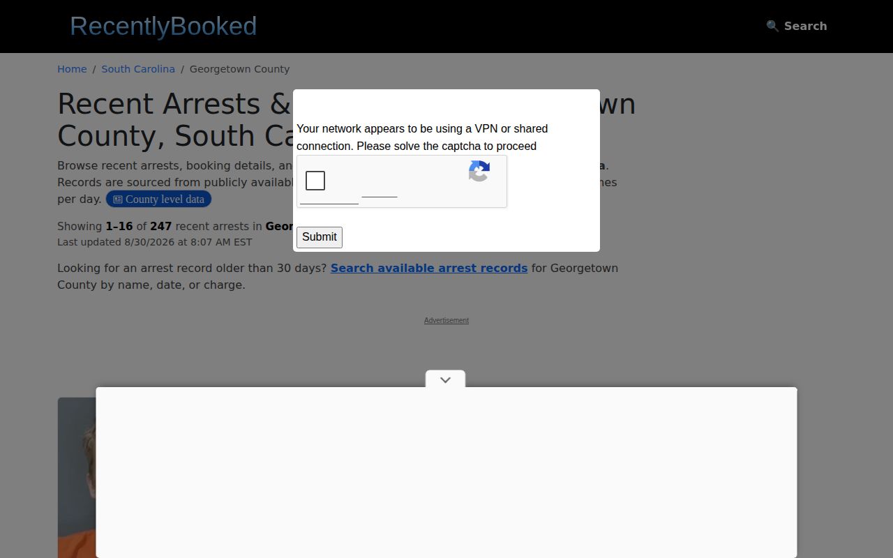 Georgetown County unofficial booking record section