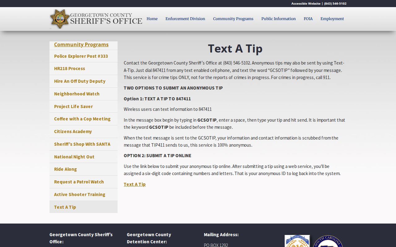 Georgetown County warrant tip record information