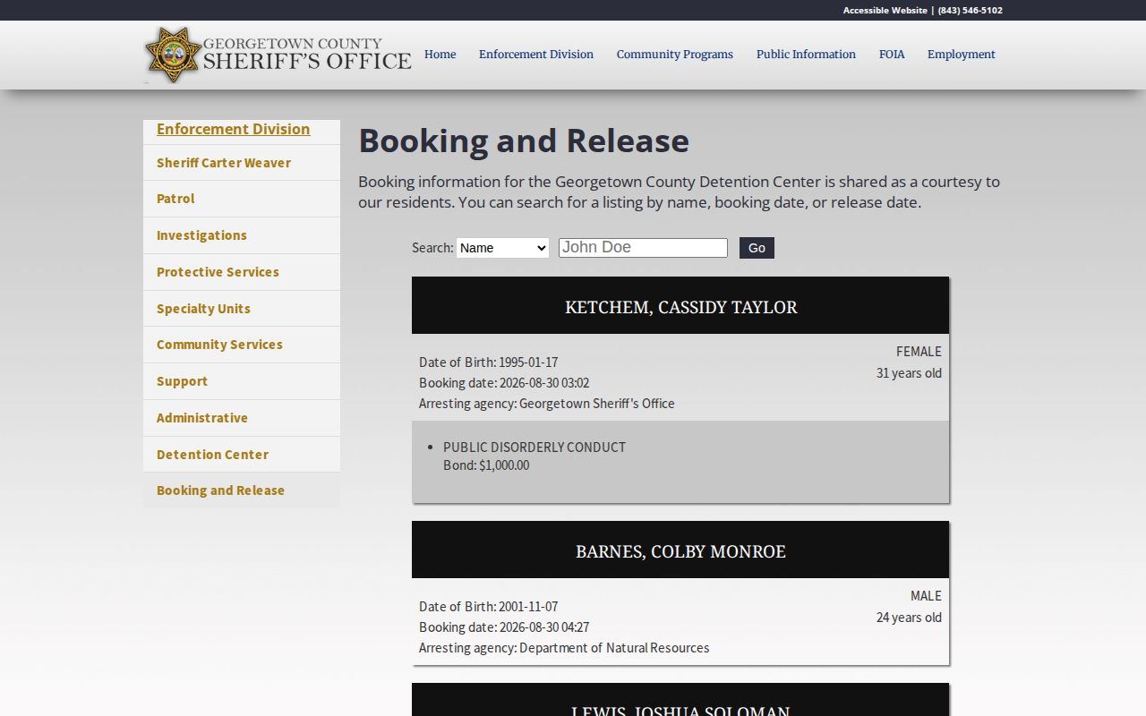 Georgetown County booking record and release roster interface
