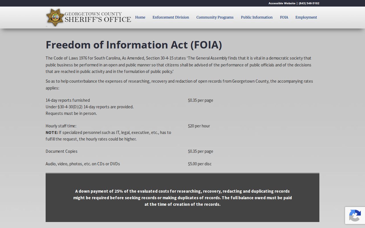 Georgetown County booking record FOIA request interface